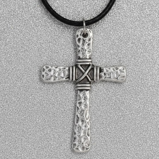 Hammered Silver Cross Necklace with Black Leather | RuHa Spirit