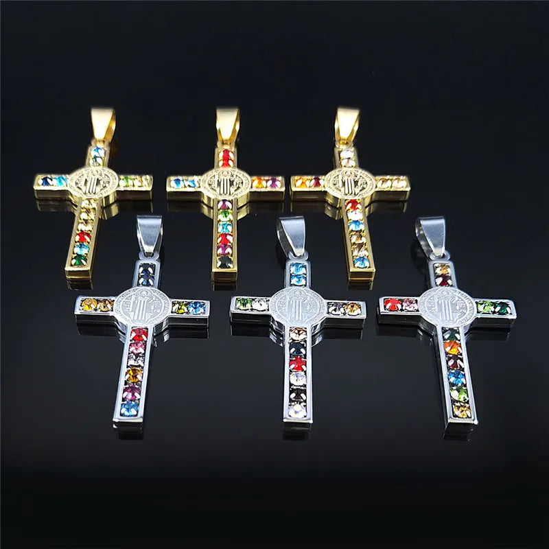 Set of gold and silver cross pendants with colorful gemstones