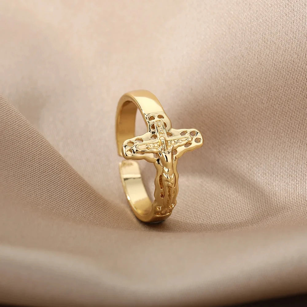 Sacred Heritage: Vintage Crucifix Adjustable Ring – Stainless Steel