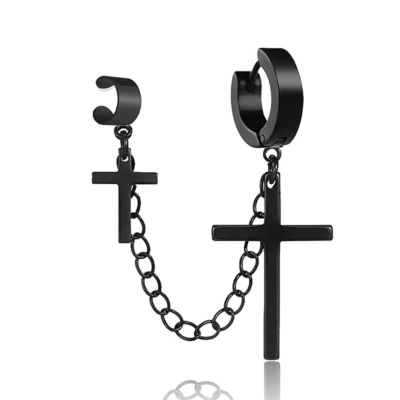 Black cross earrings with chain on a white background