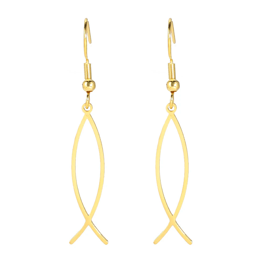 Gold fish-shaped earrings on a white background