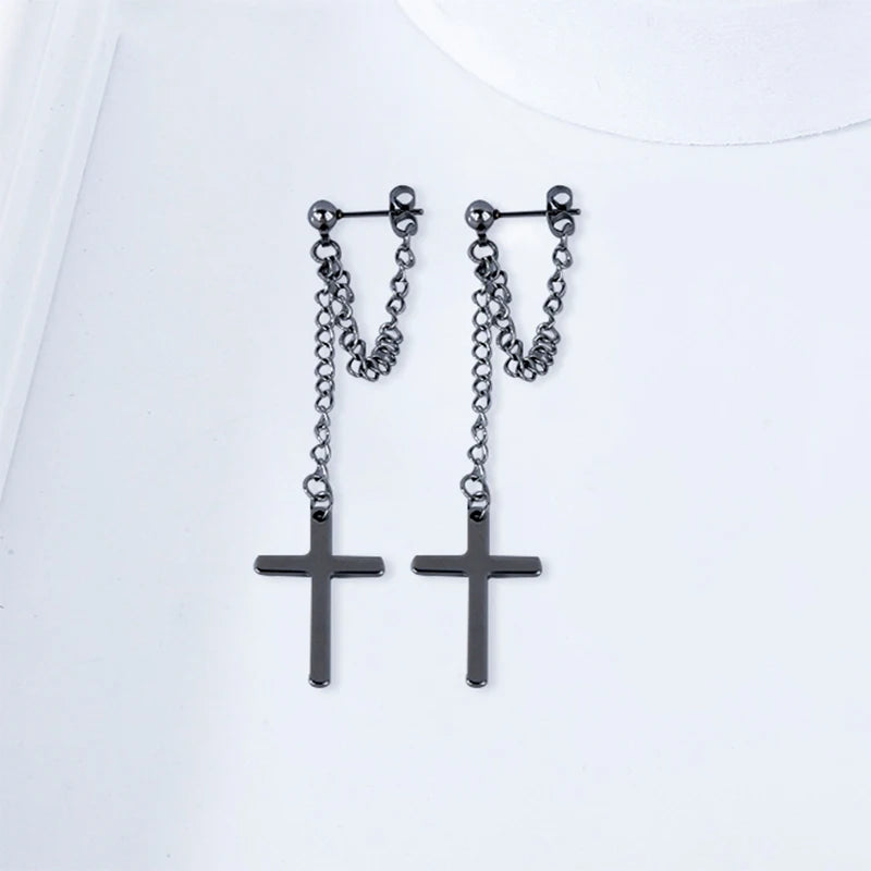 Edgy Delight:  Chain Drop Cross Stud Earrings