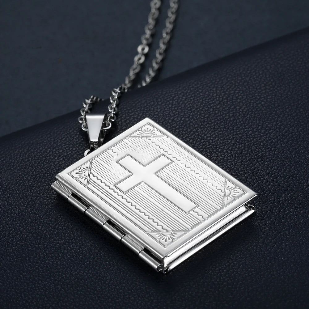 Treasured Faith: Photo Locket Pendant Necklace – Bible Design Stainless Steel