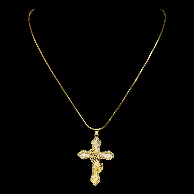Faithful Hands: Praying Hands Cross Pendant Necklace – Gold Stainless Steel