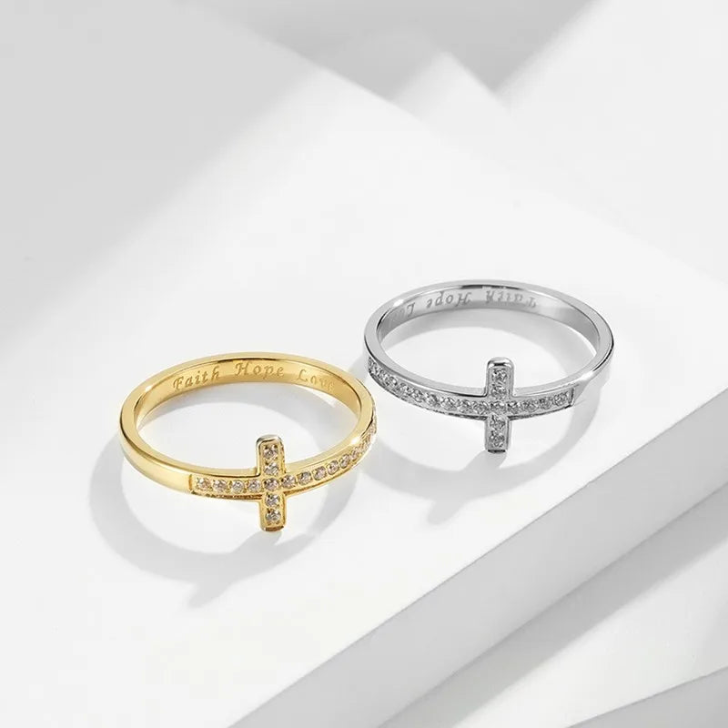 Symbolic Grace: 'Faith Hope Love' Engraved Cross Ring – Stainless Steel