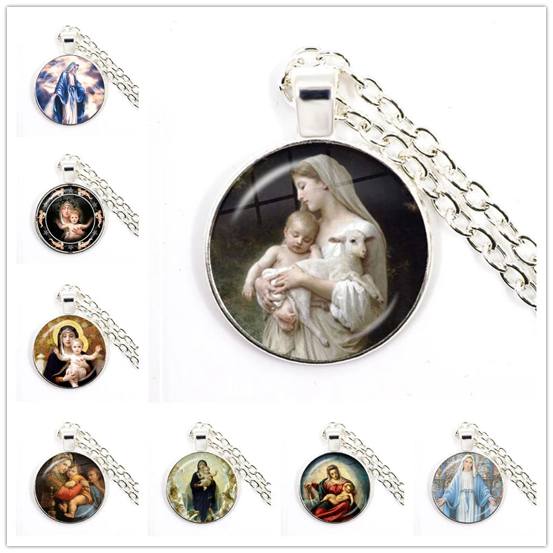 Collection of necklaces with religious-themed pendants on a white background