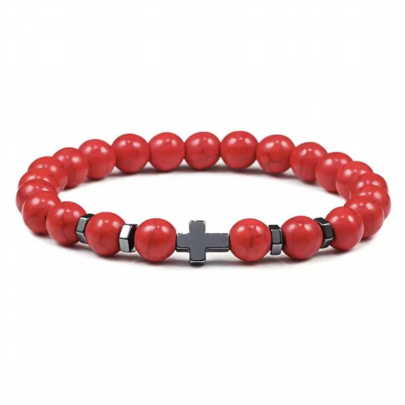 Grounded & Stylish: Natural Stone Cross Beaded Bracelet