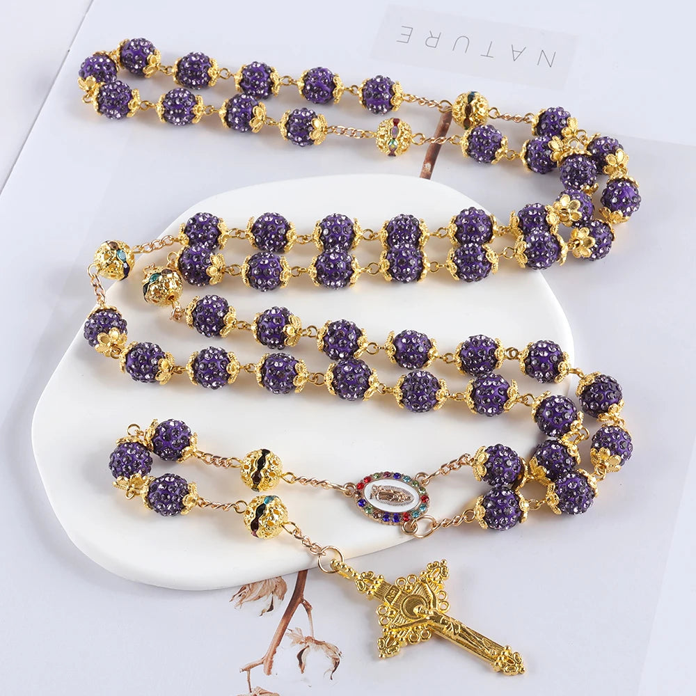 Purple beaded rosary with gold accents - crystal rhinestone Catholic rosary necklace with gold Virgin Mary medal and crucifix – full 59-bead five-decade rosary