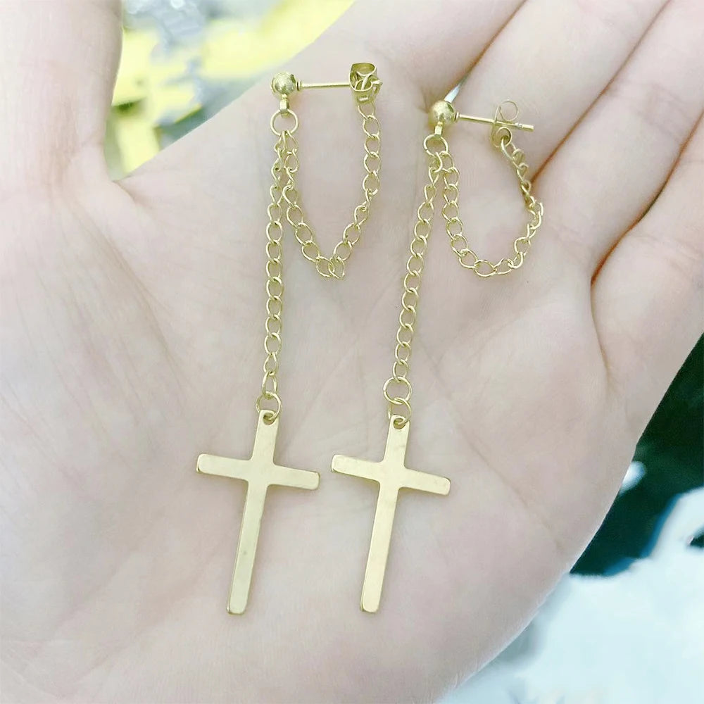 Edgy Delight:  Chain Drop Cross Stud Earrings