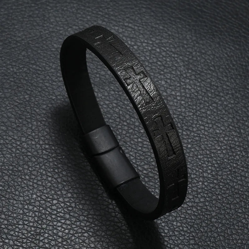 Edgy & Easy: Cross Carved Leather Bracelet with Detachable Magnet Buckle
