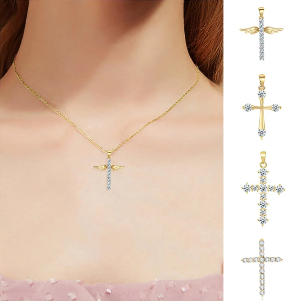 Gold cross necklace with gemstones worn by a person, with additional cross pendants displayed on a white background.