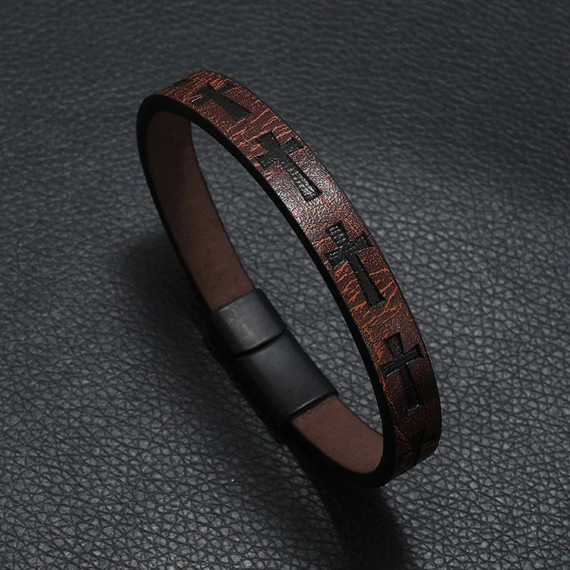 Edgy & Easy: Cross Carved Leather Bracelet with Detachable Magnet Buckle