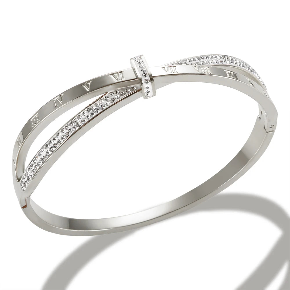 Timeless Elegance: Roman Numeral Cross Crystal Bangle