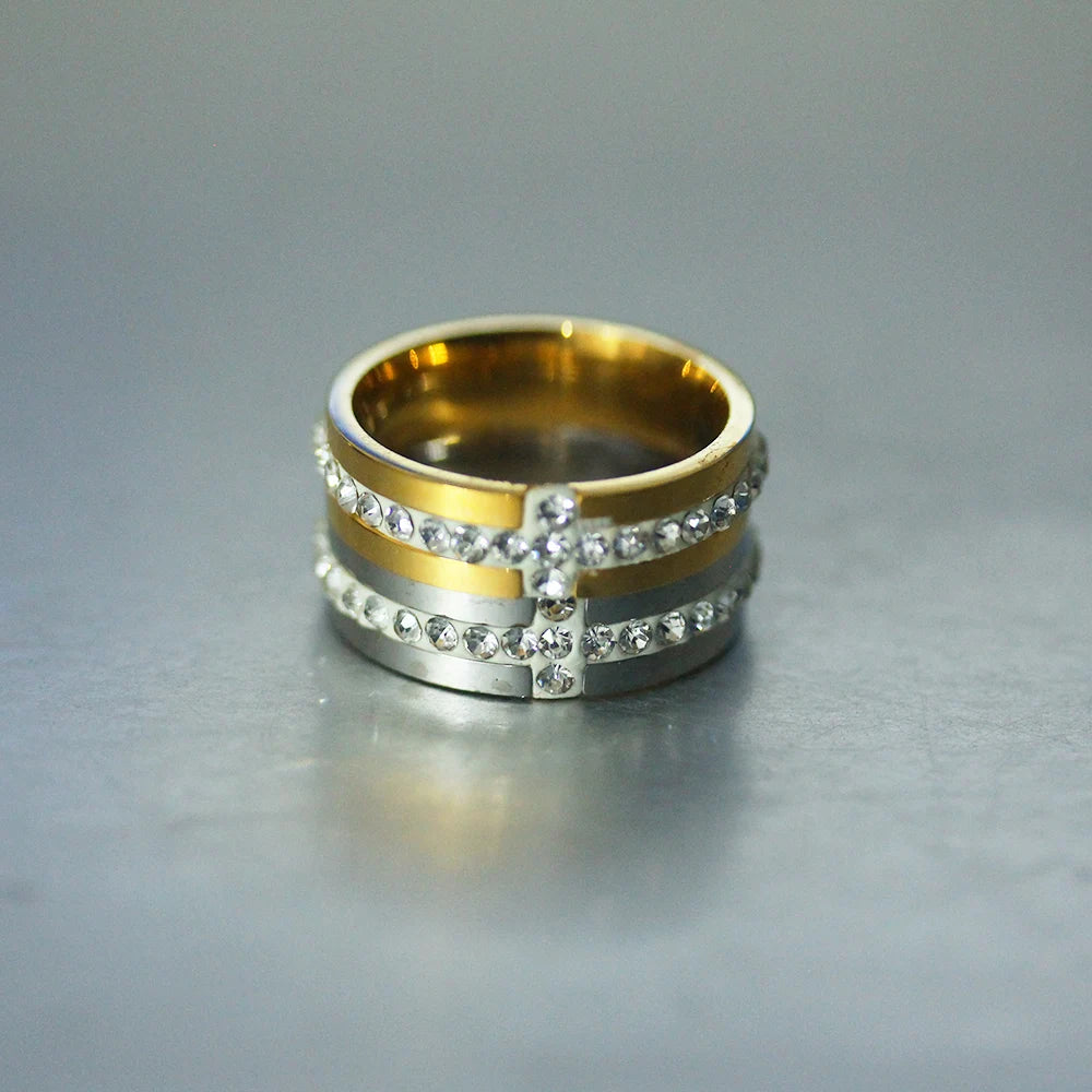 Eternal Bond: Zircon Jesus Cross Ring – Gold-Plated Stainless Steel
