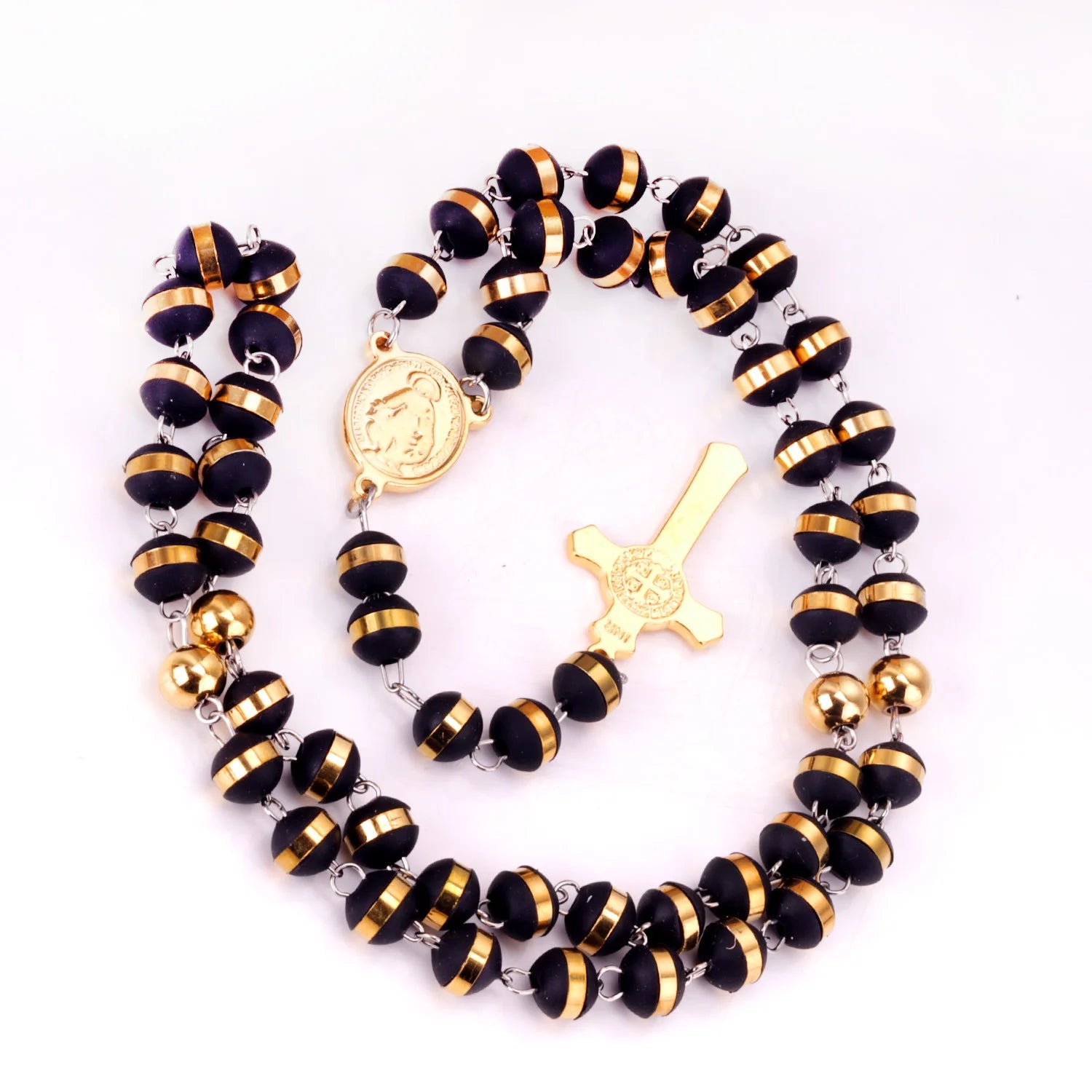 Gothic Devotion: Black Beaded Rosary Cross Pendant Necklace