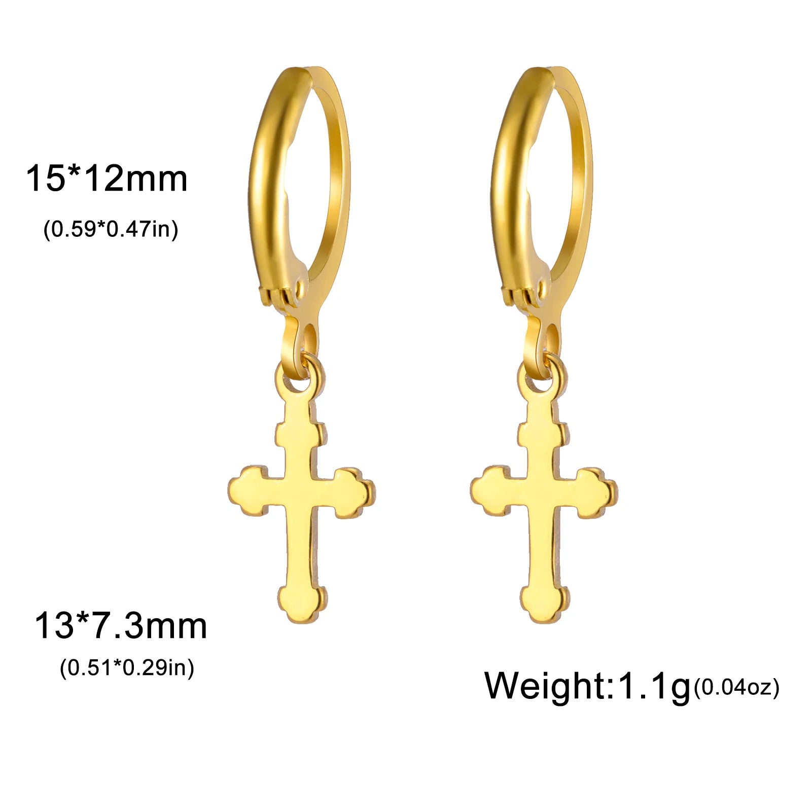 Gold hoop earrings with cross pendants and measurements on a white background