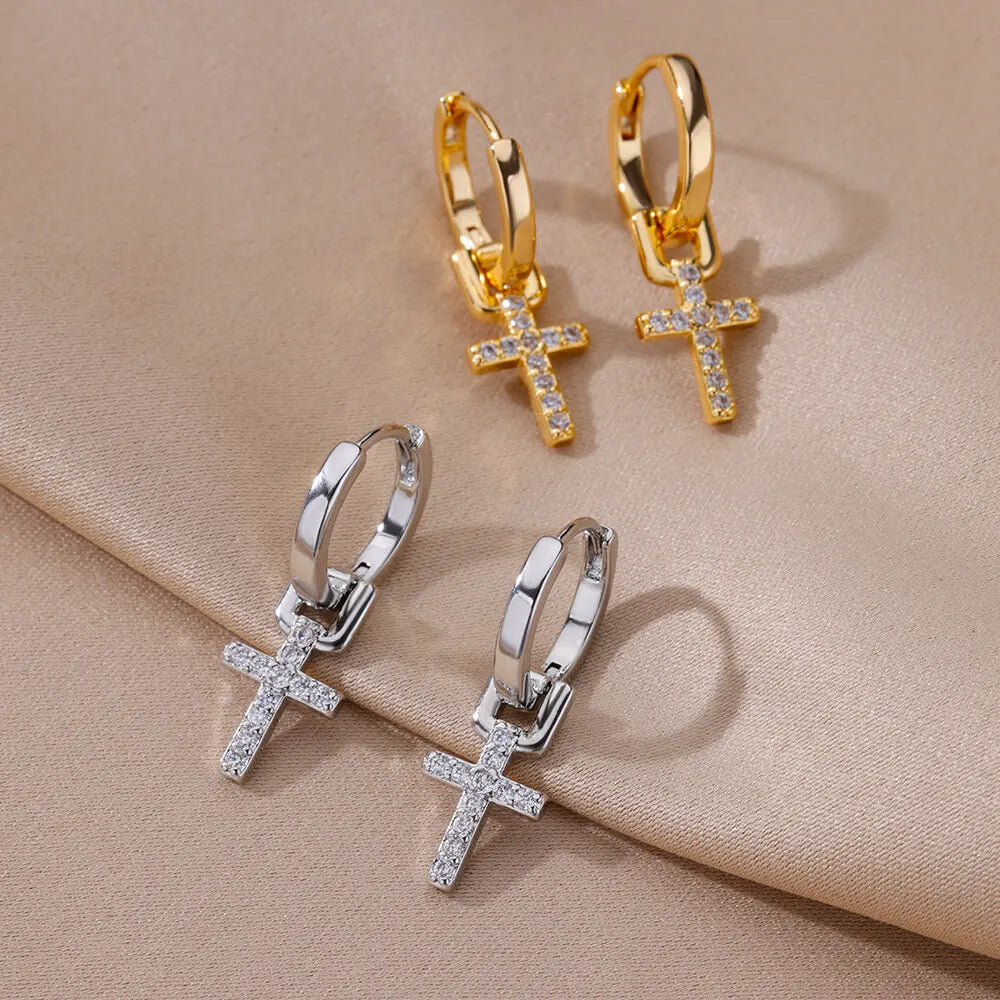 Dazzling Edge: Sleek Zircon Cross Huggie Hoop Earrings – Stainless Steel