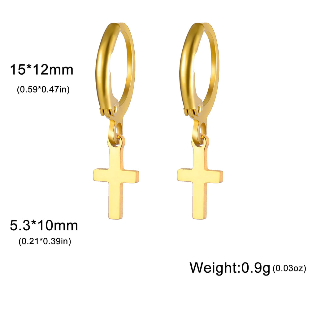 Gold hoop earrings with cross pendants and measurements on a white background