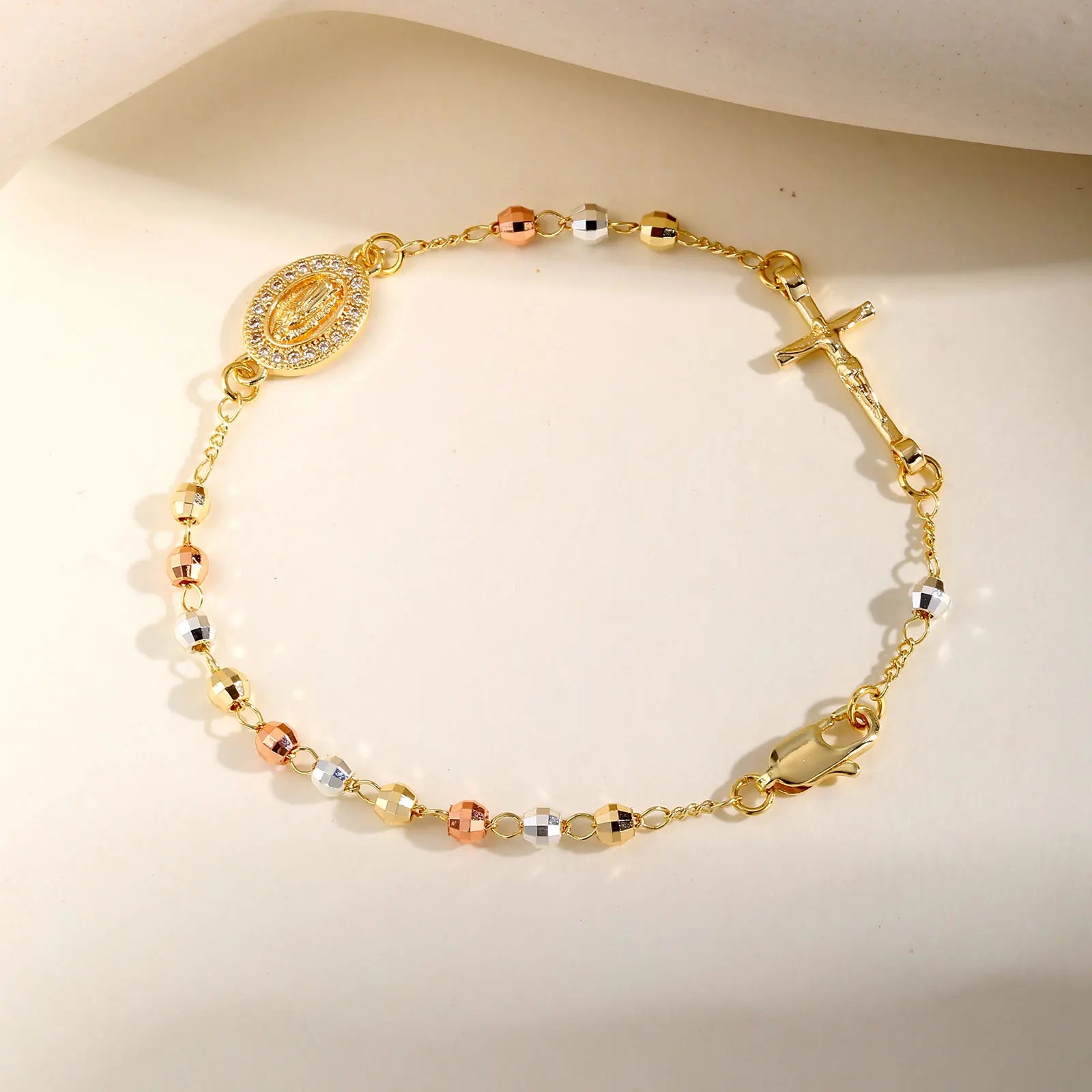 Divine Devotion: Rosary Bracelet with Virgin Mary & Cross – Stainless Steel