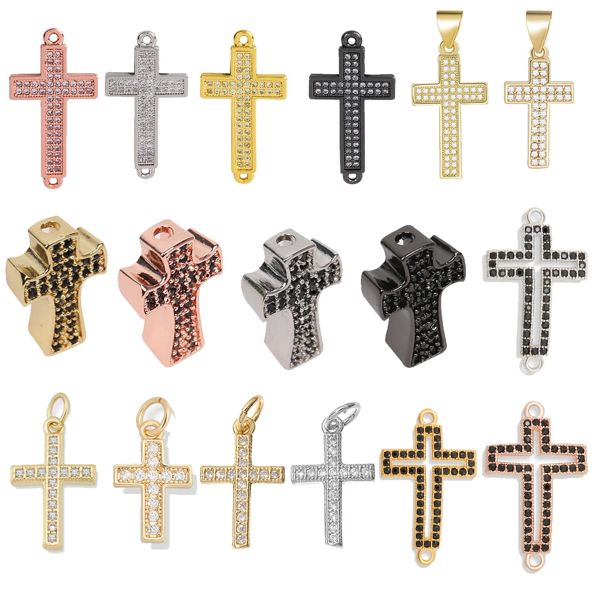 Collection of variously colored cross-shaped pendants on a white background
