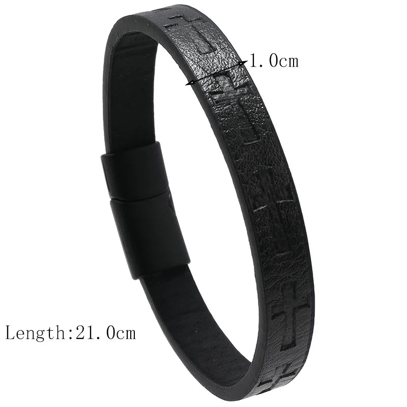 Edgy & Easy: Cross Carved Leather Bracelet with Detachable Magnet Buckle