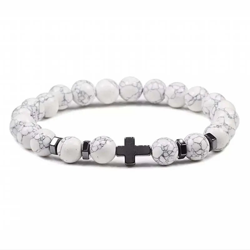 Grounded & Stylish: Natural Stone Cross Beaded Bracelet
