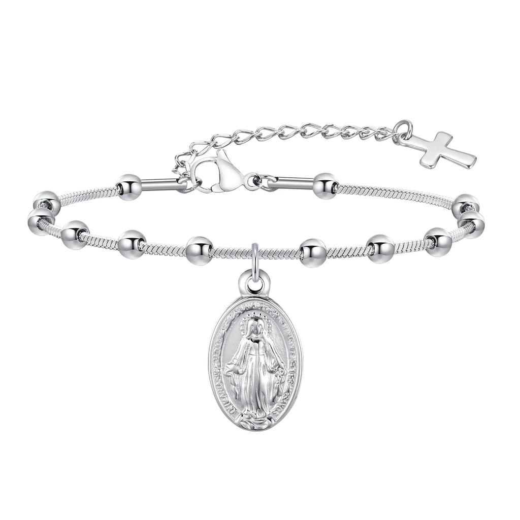 Devotional Elegance: Virgin Mary & Cross Prayer Bracelet – Stainless Steel