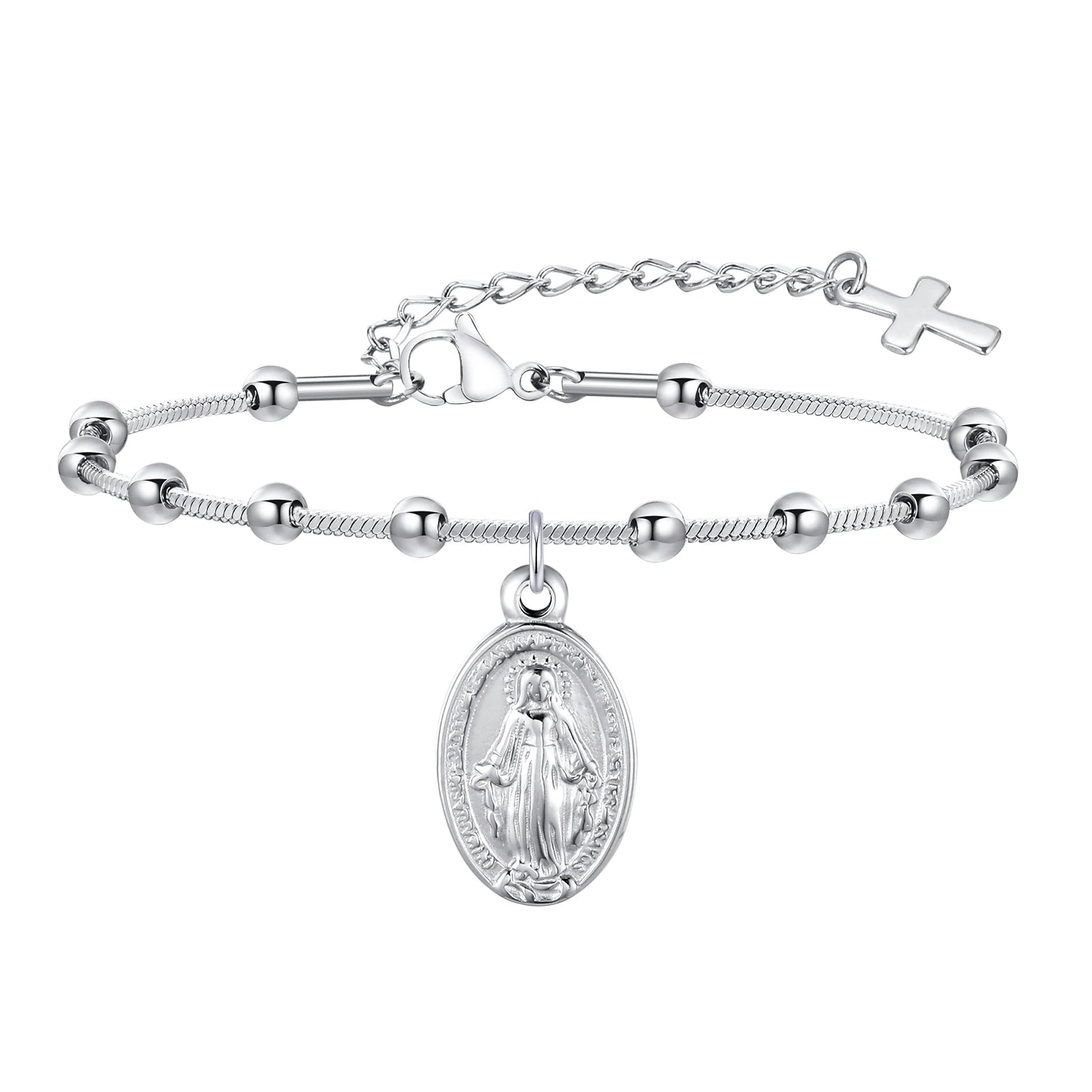 Devotional Elegance: Virgin Mary & Cross Prayer Bracelet – Stainless Steel
