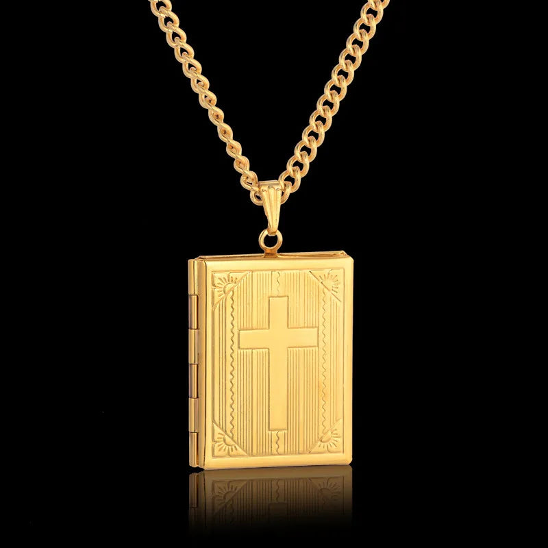 Treasured Faith: Photo Locket Pendant Necklace – Bible Design Stainless Steel