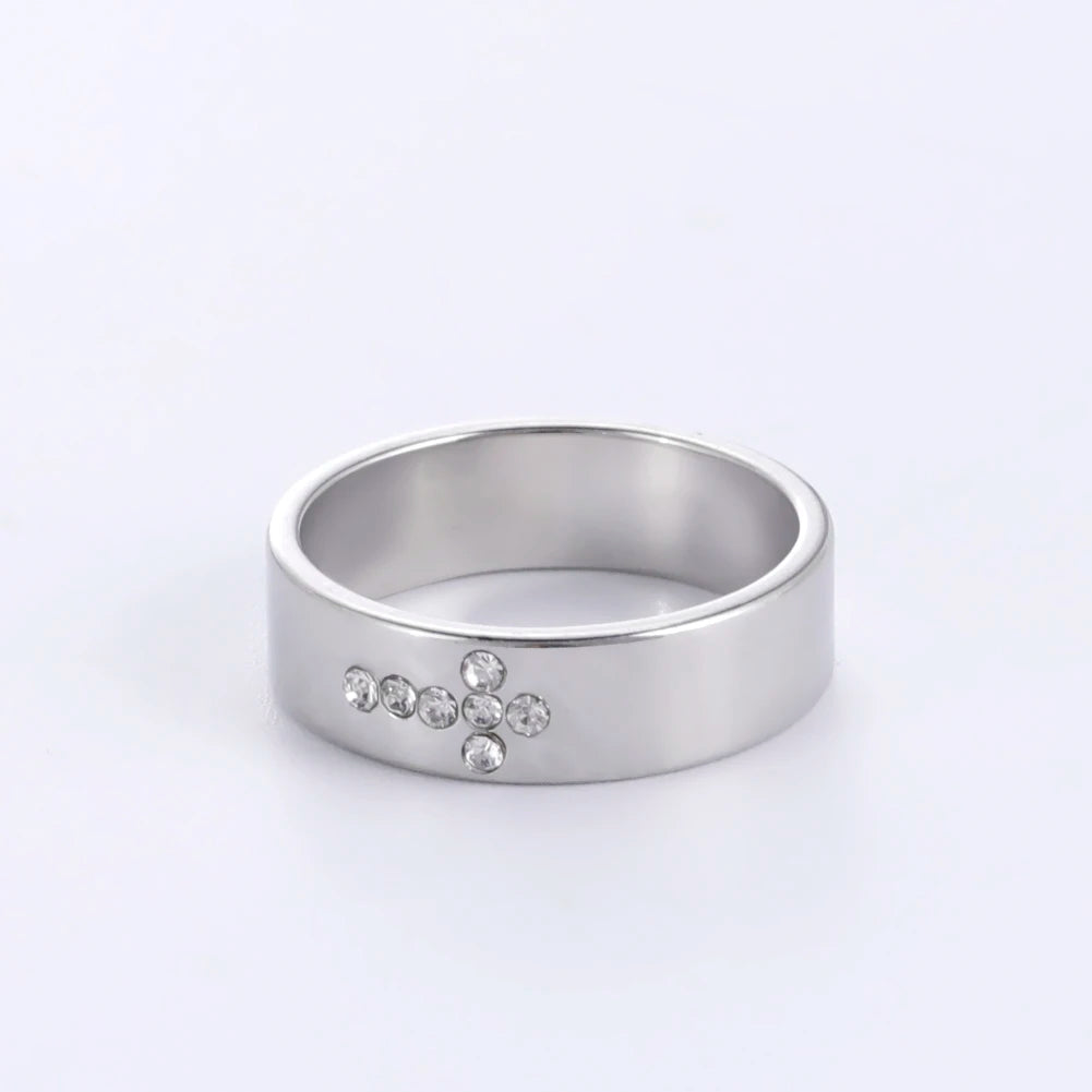 Enduring Sparkle: Clear Zircon Cross Band Ring – Stainless Steel