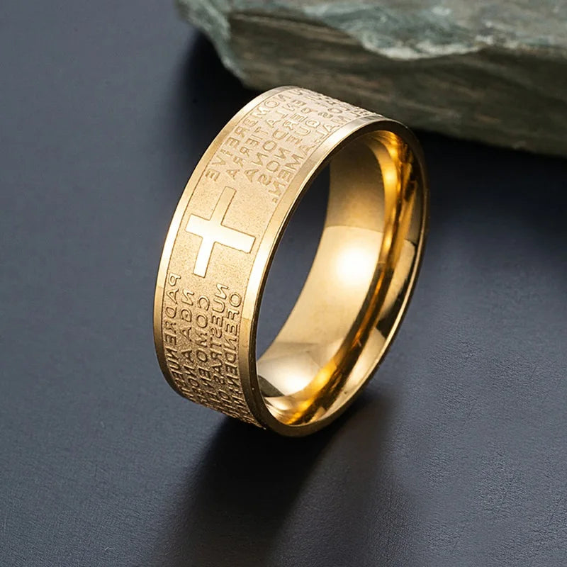 Sacred Scripture: The Holy Bible Prayer Cross Ring – Stainless Steel