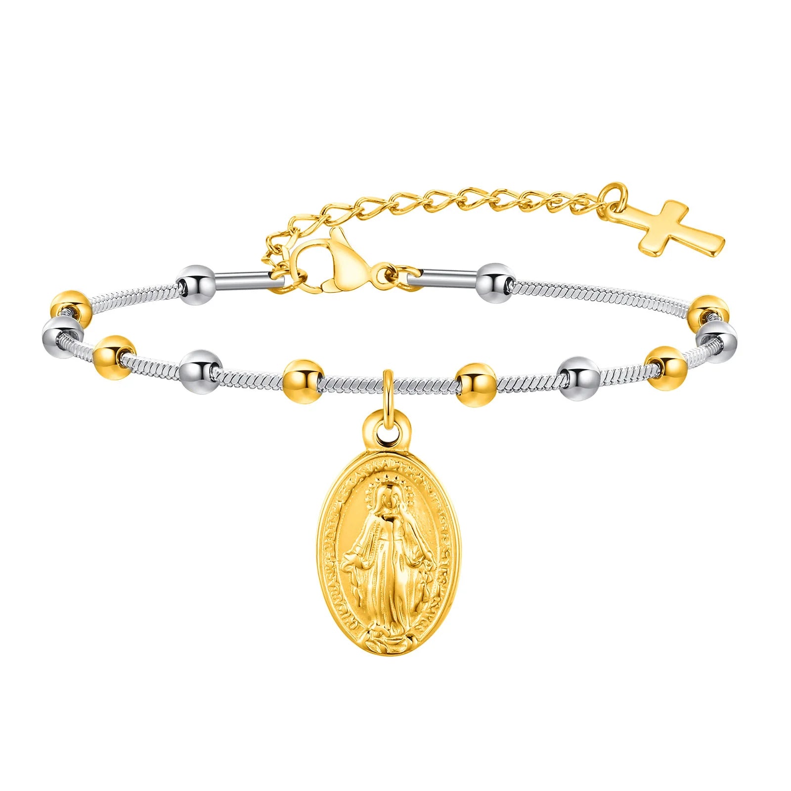 Devotional Elegance: Virgin Mary & Cross Prayer Bracelet – Stainless Steel