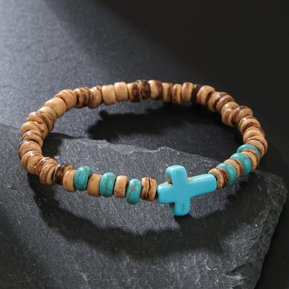 Bohemian Spirit: Handmade Coconut Shell &amp; Wood Cross Bracelet