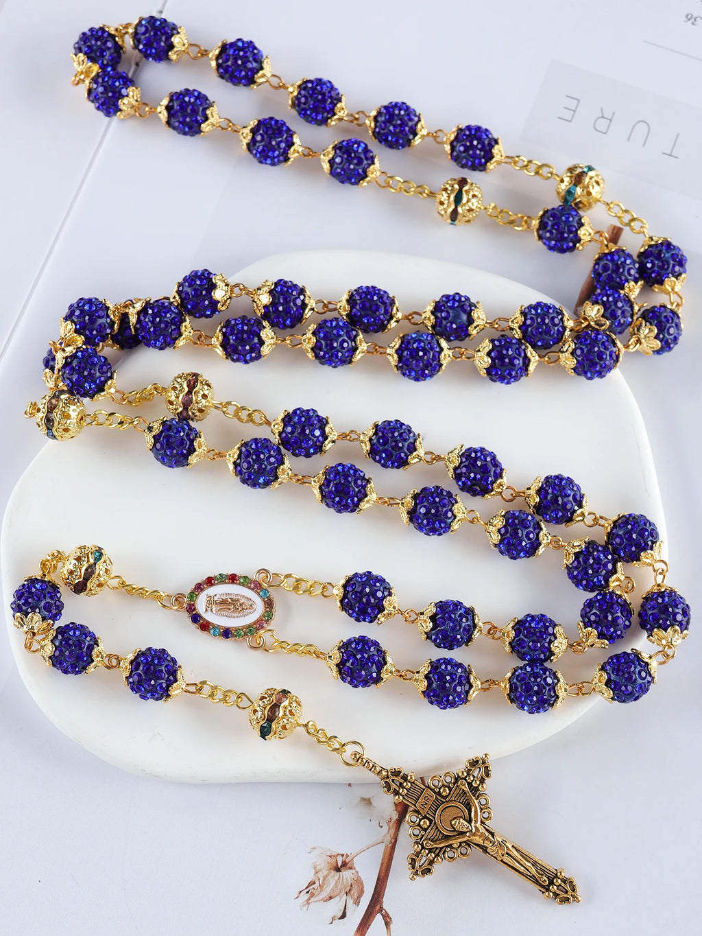 Dark Blue beaded rosary with gold accents - crystal rhinestone Catholic rosary necklace with gold Virgin Mary medal and crucifix – full 59-bead five-decade rosary