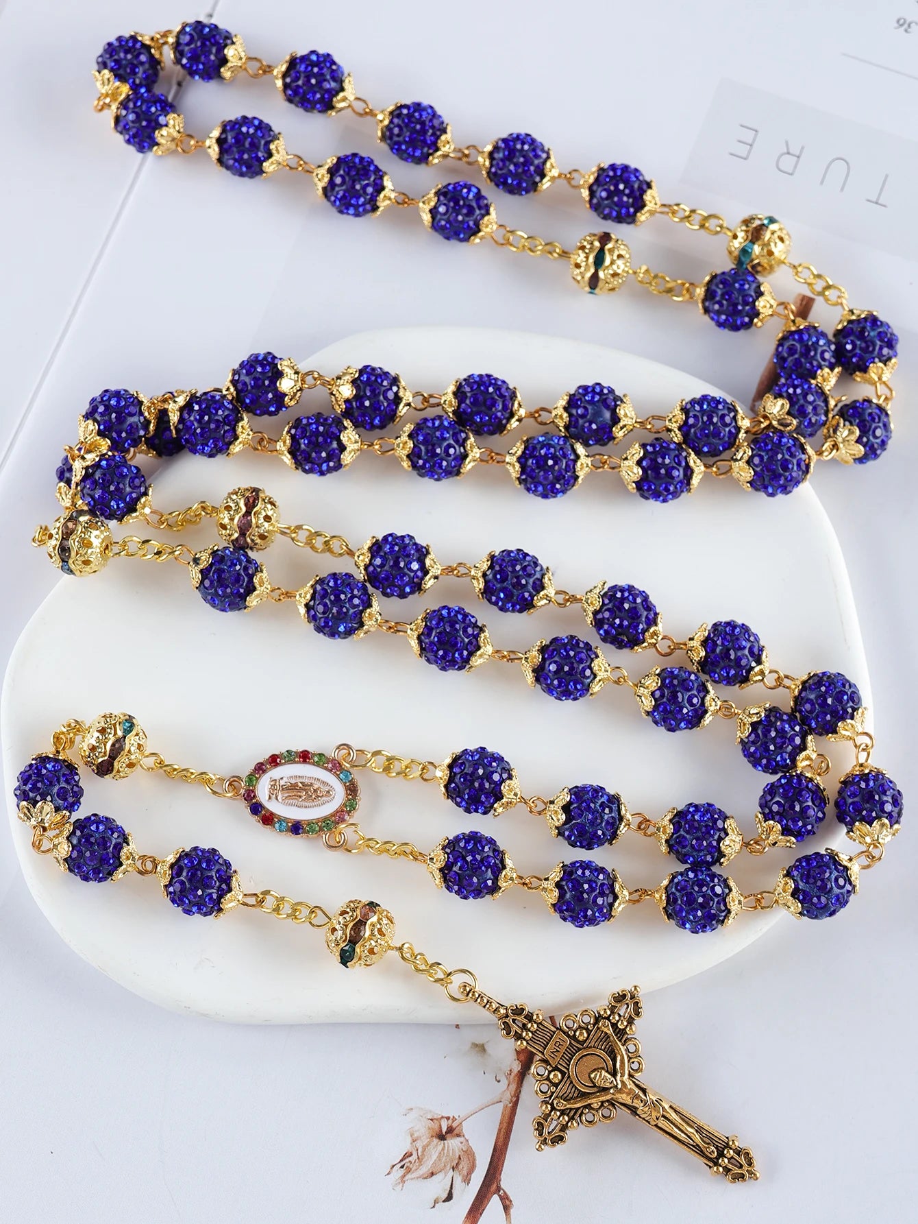Dark Blue beaded rosary with gold accents - crystal rhinestone Catholic rosary necklace with gold Virgin Mary medal and crucifix – full 59-bead five-decade rosary