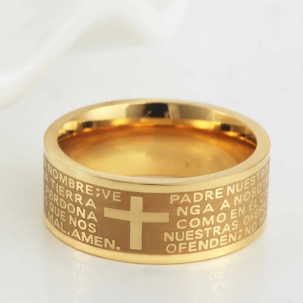 Sacred Scripture: The Holy Bible Prayer Cross Ring – Stainless Steel