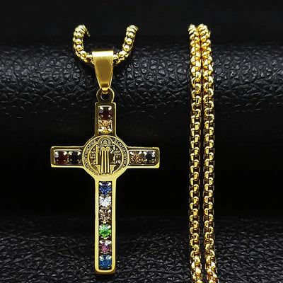Catholic Jesus Cross Stainless Steel Necklace Saint Benedict Crystal Virgin Mary Pendant Crucifix