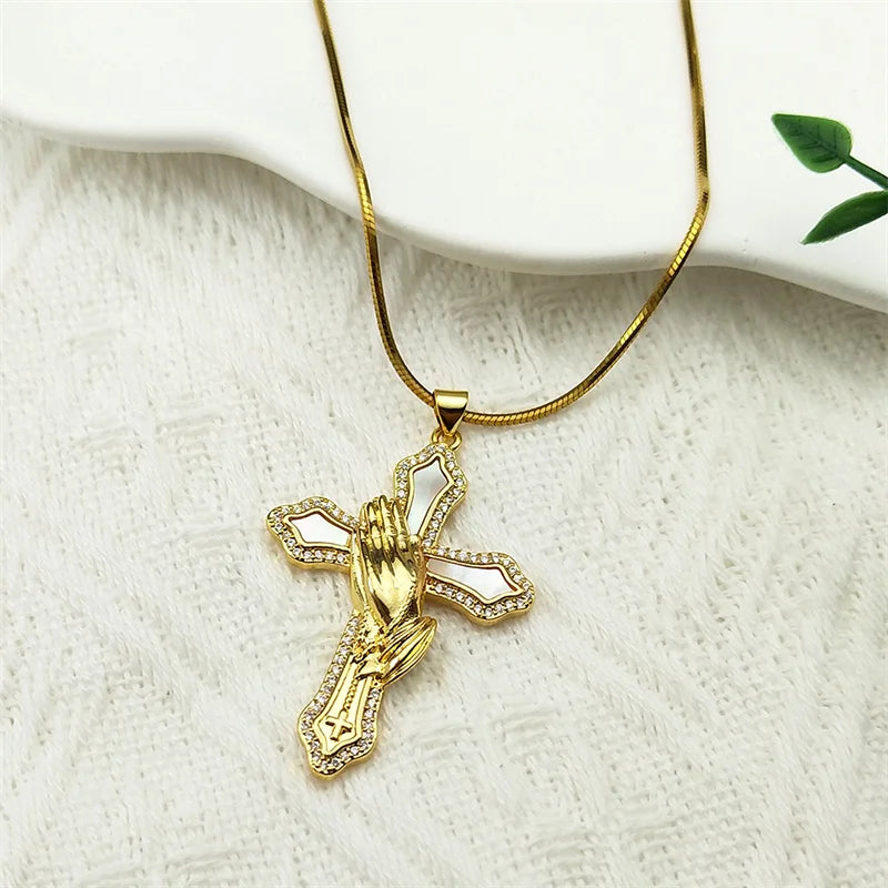 Faithful Hands: Praying Hands Cross Pendant Necklace – Gold Stainless Steel