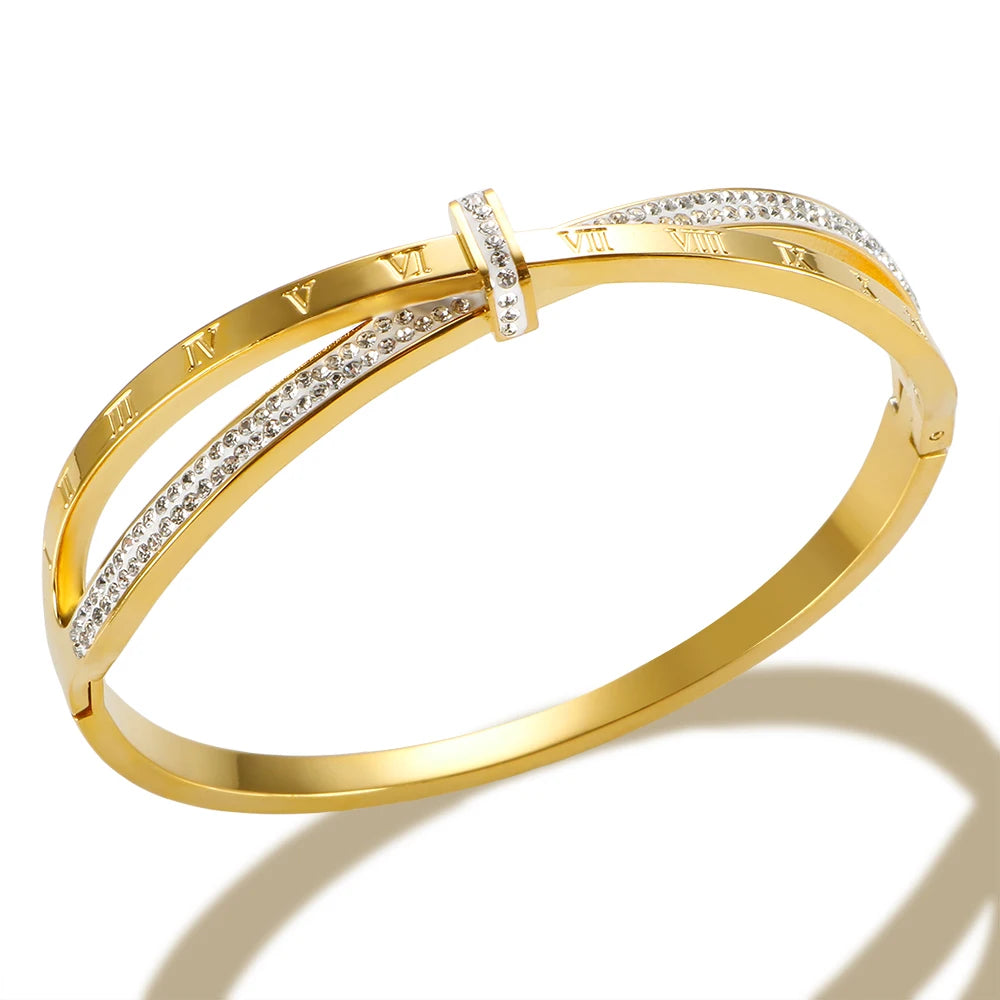 Timeless Elegance: Roman Numeral Cross Crystal Bangle