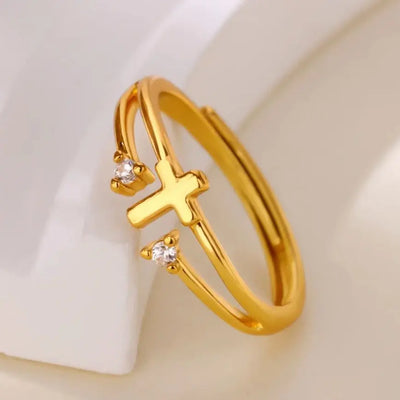 Dainty Devotion: Zircon Cross Open Ring – Gold Stainless Steel