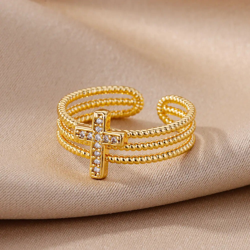 Layered Sparkle: Zircon Cross Adjustable Band Ring – Stainless Steel