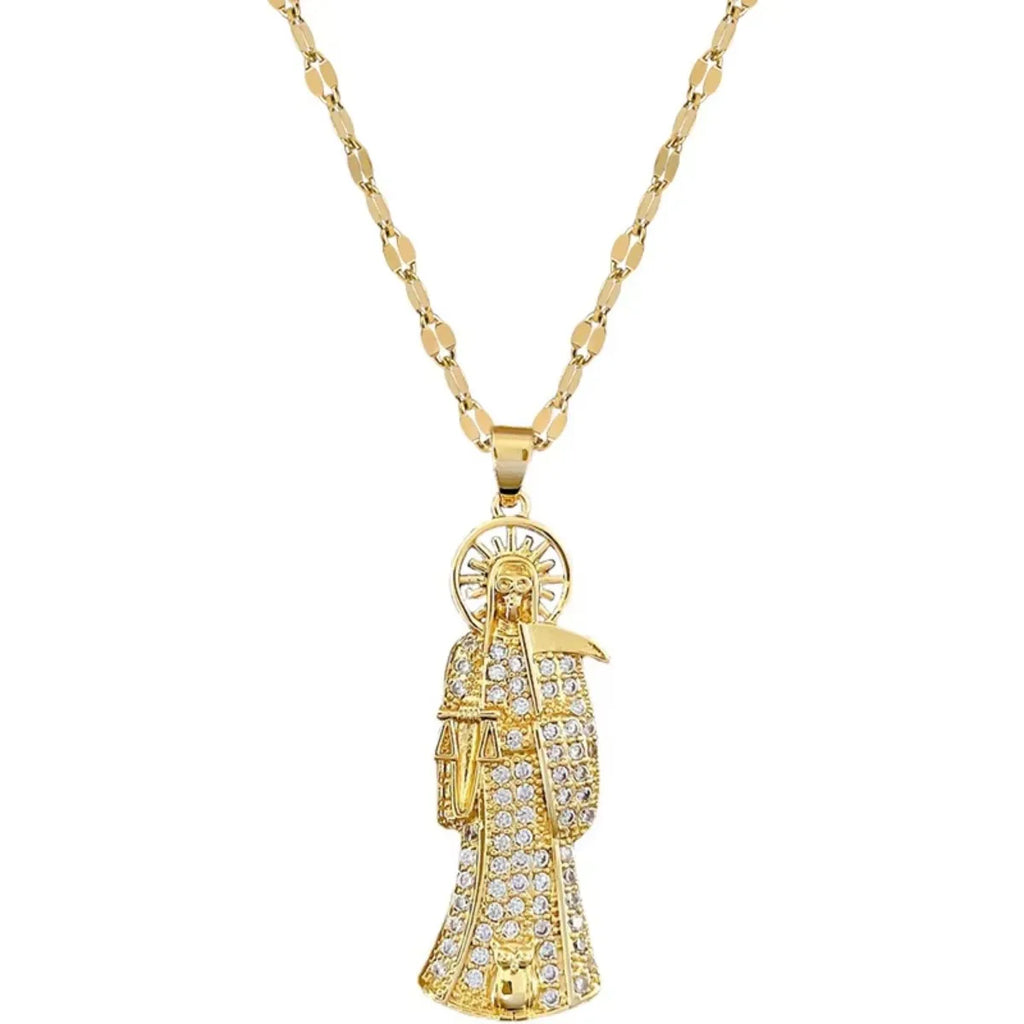 Gold pendant necklace on a white background