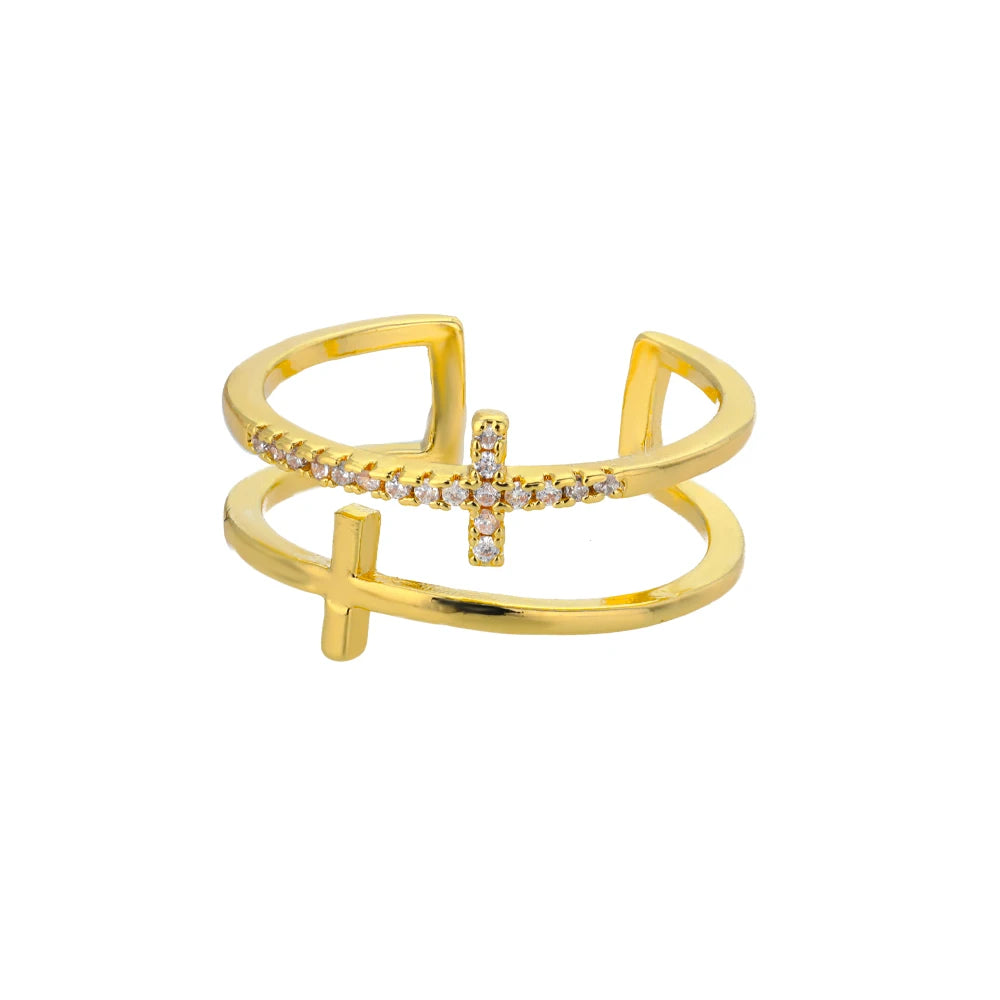 Dual Faith: Zircon Double Cross Adjustable Ring - Stainless Steel
