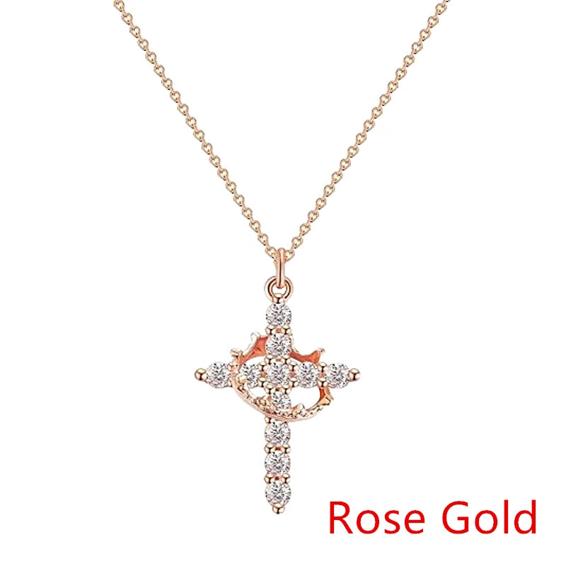 Rose gold cross pendant necklace on a white background with 'Rose Gold' text.