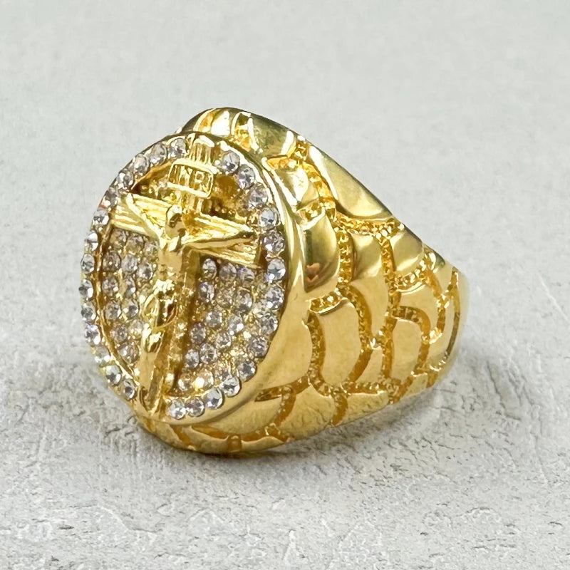 Bold Faith: JESUS Crucifix Signet Ring – Pave Rhinestone Stainless Steel
