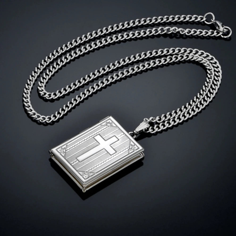 Treasured Faith: Photo Locket Pendant Necklace – Bible Design Stainless Steel