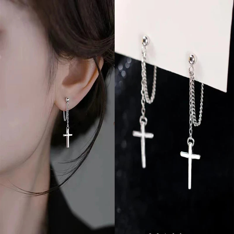 Edgy Delight:  Chain Drop Cross Stud Earrings