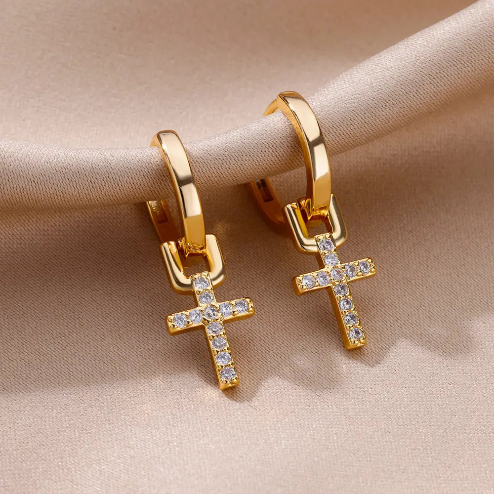 Dazzling Edge: Sleek Zircon Cross Huggie Hoop Earrings – Stainless Steel