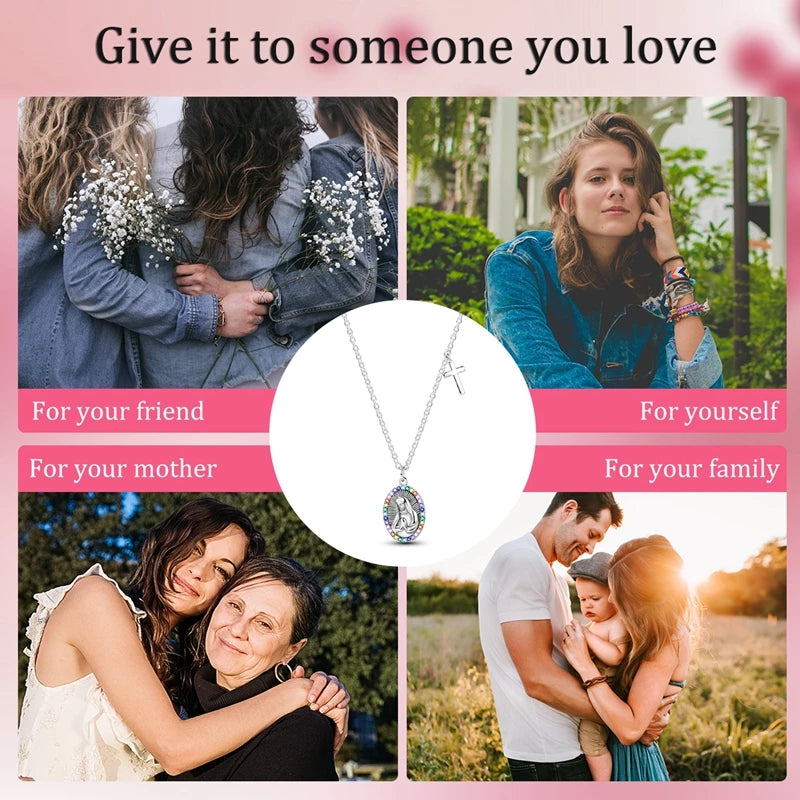 Rainbow of Grace: Sterling Silver Virgin Mary Necklace with Zirconia Halo