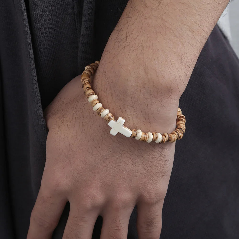 Bohemian Spirit: Handmade Coconut Shell &amp; Wood Cross Bracelet